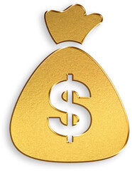 Gold Dollar Money Bag Icon – 3D Glossy Golden Currency Bag with Dollar Symbol, Metallic Shine, and Shadowed Style for Wealth Storage, Financial Planning, Banking Assets, and Business Investment Concep