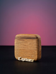 close up gold pendant horoscope with  Capricorn    sign on a wooden base  on a pink background