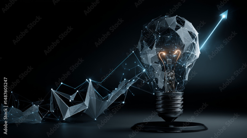 Poster light bulb and growing graph form lines, triangles and particle style design. illustration vector