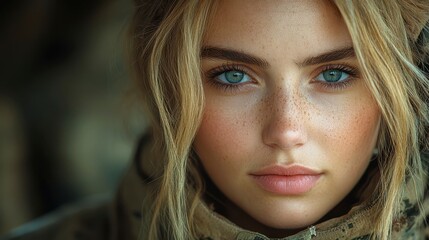 Woman with freckles, light hair, blue eyes stares ahead in soft focus, camo attire