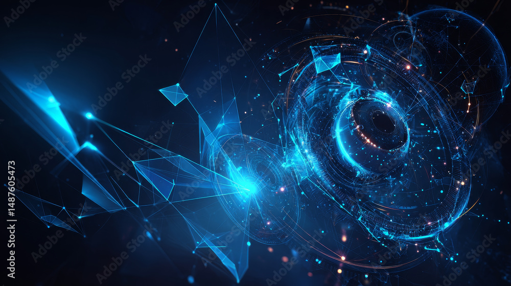 Poster abstract futuristic 3d render featuring glowing blue circular tech elements and geometric shapes on 
