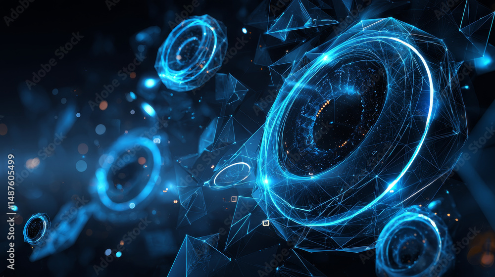 Poster abstract futuristic 3d render featuring glowing blue circular tech elements and geometric shapes on 