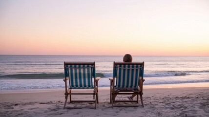 Couple of Empty Beach Chairs Facing the Sea at Sunset