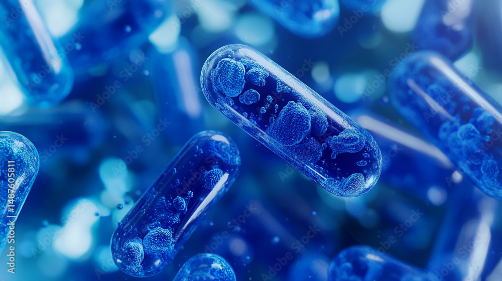 Poster close up of blue capsules with internal structures floating in a blurry blue background scene