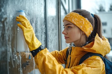 A male professional cleaning worker cleans windows and display cases in a store