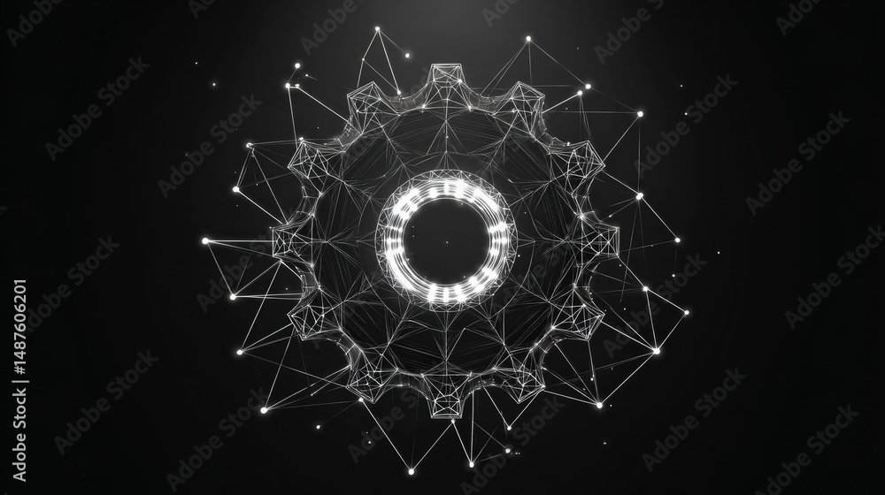 Poster settings gear icon from lines, triangles and particle style design. illustration vector