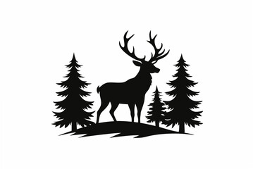  a deer with pine trees and forest  silhouette vector