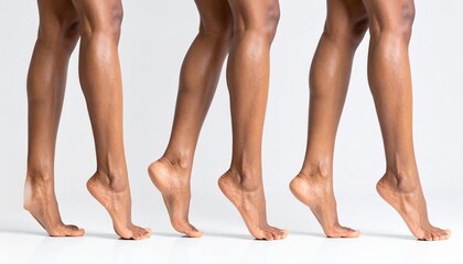 Close-up shot of multiple pairs of Black feet walking on tiptoe against a clean white background, showcasing elegance and movement.