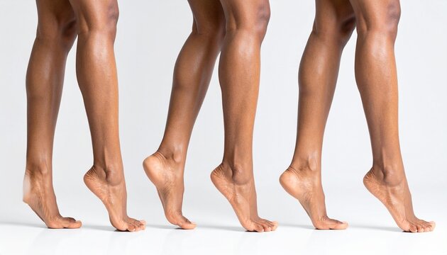 Close-up shot of multiple pairs of Black feet walking on tiptoe against a clean white background, showcasing elegance and movement.