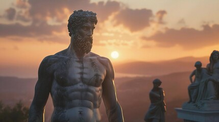 A muscular, bearded statue stands in a serene outdoor setting, its classical form accentuated against a backdrop of rolling hills, water, and a warm sunset.