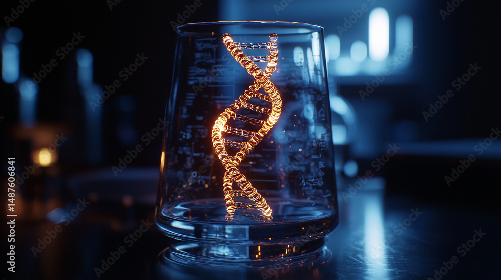 Poster a dna strand inside a glass container on a dark surface with a blurry background in a laboratory
