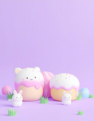 Cute pastel-themed dessert scene with bunny figures and colorful eggs.