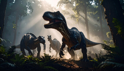 Dinosaurs roaming in a misty forest, showcasing a prehistoric scene.