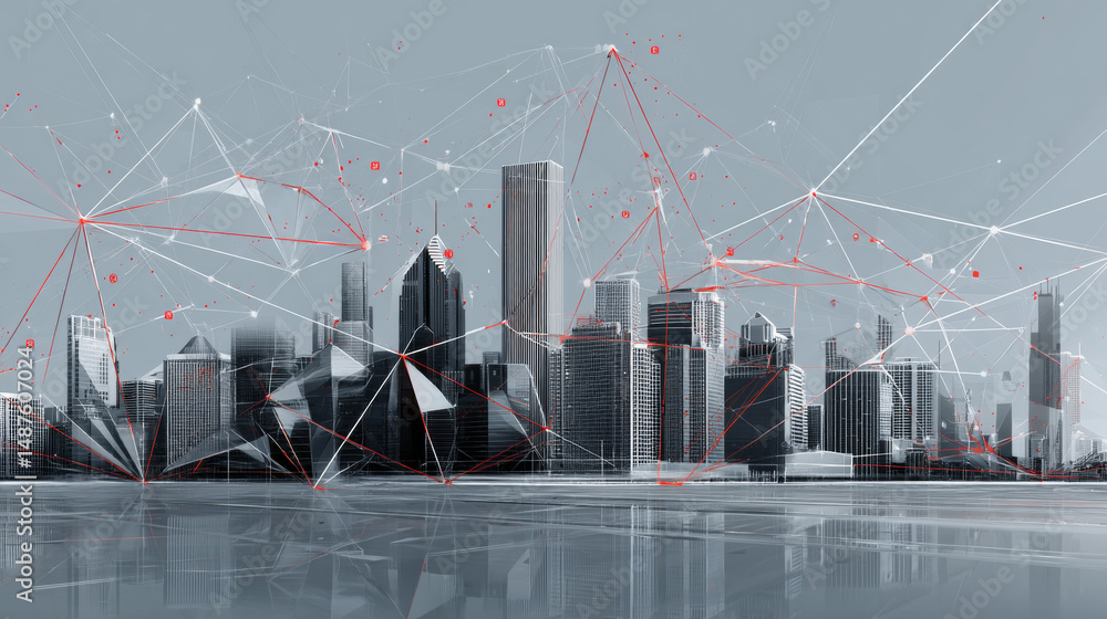 Poster urban architecture, cityscape with structure lines. low polygon line, triangles, and particle style 