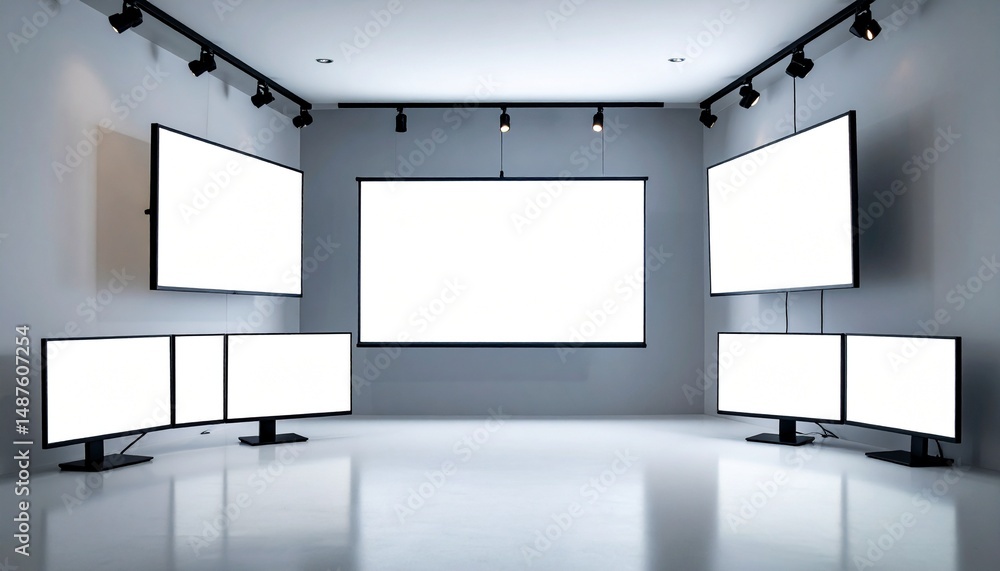 Poster modern presentation room with multiple blank screens for displaying information, surrounded by spotl