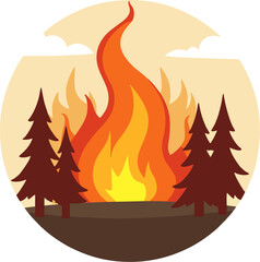Flat Vector Illustration of Forest Fire with Burning Trees and Large Flames – Minimalist Wildfire Concept Art