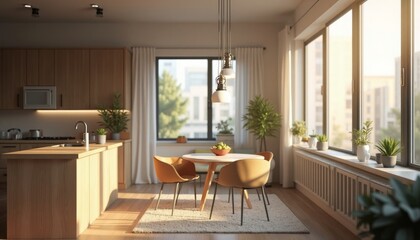 Modern Kitchen and Dining Room with Large Windows and Natural Light