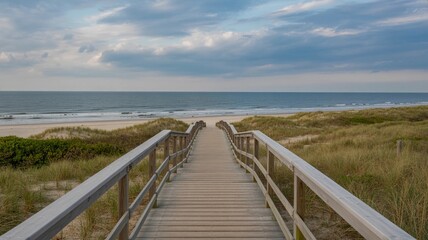 Calm Beach Scene with Wooden Path Leading to Ocean