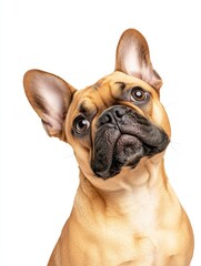 Curious French Bulldog Puppy - Adorable fawn-colored French Bulldog puppy looking up inquisitively, isolated on a white background. Perfect for pet, animal, or dog-related projects