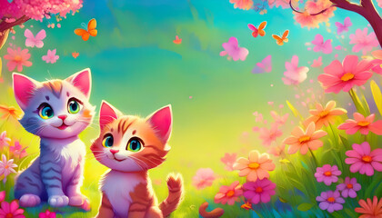 Two cute kittens in a vibrant, flower-filled landscape with butterflies.