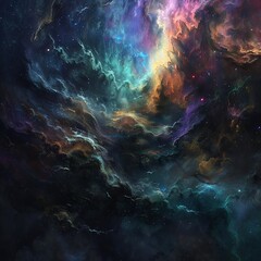 A cosmic scene teeming with vibrant colors and dynamic patterns, featuring swirling clouds and star-studded space, capturing the raw power and mystery of the universe.