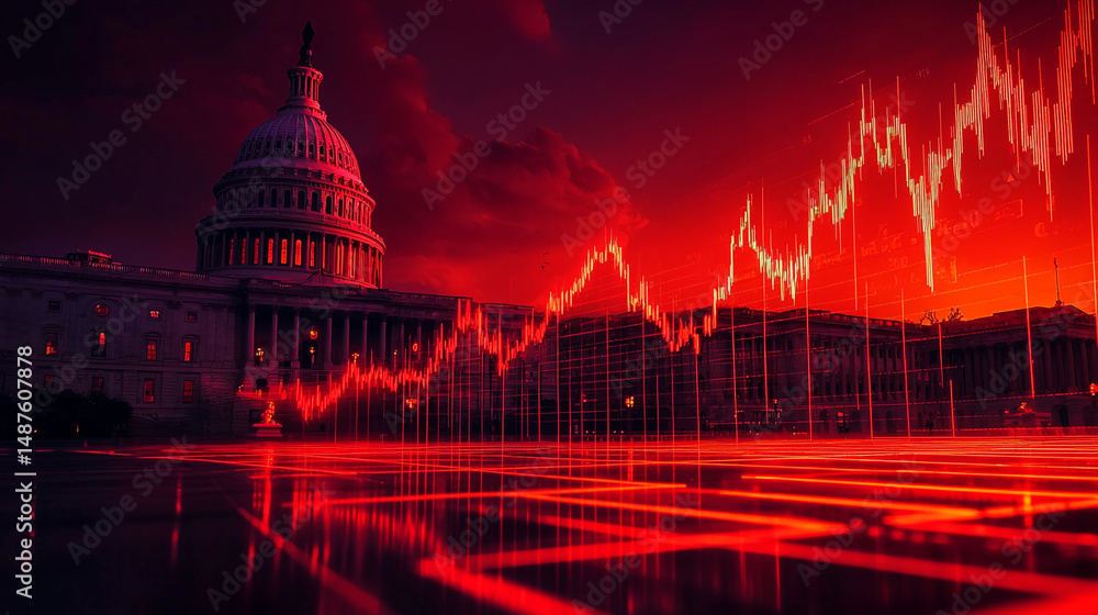 Poster a red toned image of the capitol building with a stock market graph overlayed on top of the building
