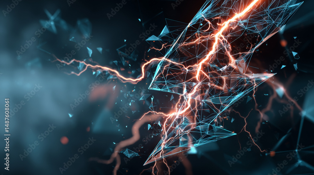 Poster lighting bolt form lines, triangles and particle style design. illustration vector