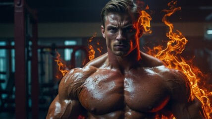 Fototapeta premium Intense muscle workout with fiery energy and powerful physique in gym setting