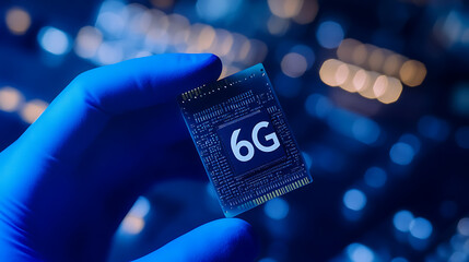 6G Technology Chip Held by a gloved hand, against a bokeh background. Illustrates innovation in technology and network infrastructure, showcasing future advancements.