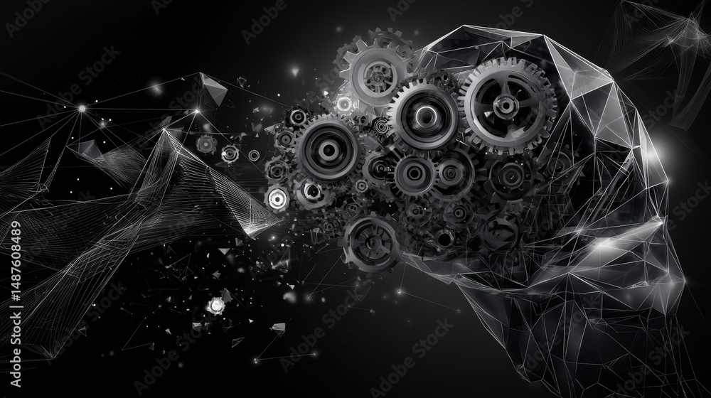 Poster brain and gear cog form lines, triangles and particle style design. illustration vector