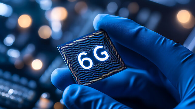 6G Technology Chip: A gloved hand carefully holds a microchip showcasing the next generation in wireless communication technology.