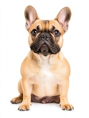 French Bulldog Puppy Sitting - Adorable fawn-colored French Bulldog puppy sits attentively against a white background