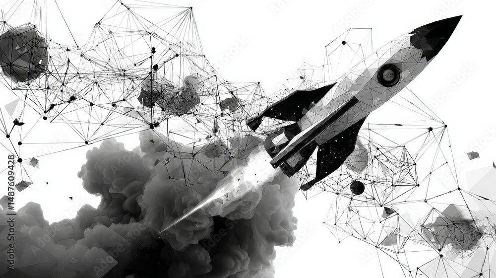 Poster low polygonal wireframe style rocket launch. business startup concept form lines, triangles, and par