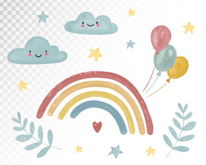 Watercolour Rainbow with Clouds Balloons and Stars Vector Illustration for Cute Celebration Themes in Pastel Colors