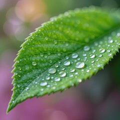 Fresh green leaf glistening with morning dew symbolizing new beginnings and nature s pure beauty under soft lighting