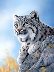 Obraz premium Majestic Snow Leopard on Rock - A stunning snow leopard rests on a rock, gazing into the distance against a clear blue sky. Its fur is beautifully detailed