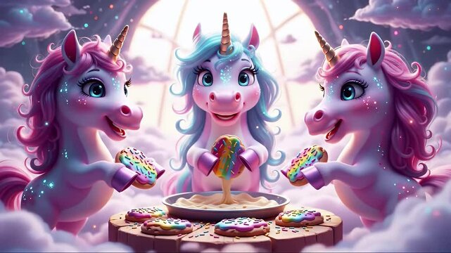 Three Cute Unicorns Enjoying Colorful Doughnuts in a Dreamy Cloud Scene with Bright Light