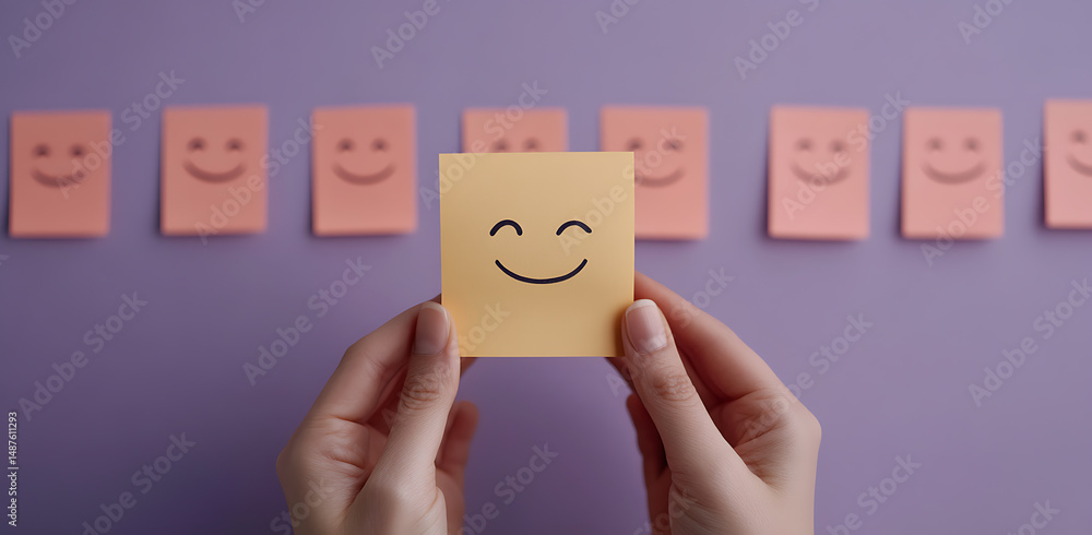 Poster hand holding a smiling sticky note. the focus is on positivity and happiness with a row of other smi