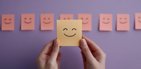 Obraz premium Hand holding a smiling sticky note. The focus is on positivity and happiness with a row of other smiling notes in the background, conveying optimism.