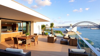 Fototapeta premium Australian luxury terrace in Sydney, Harbour Bridge and Opera House view, modern open design