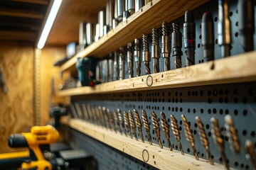 Detail of community tool library shelf showing drill bit wear patterns illuminated by LED panel light