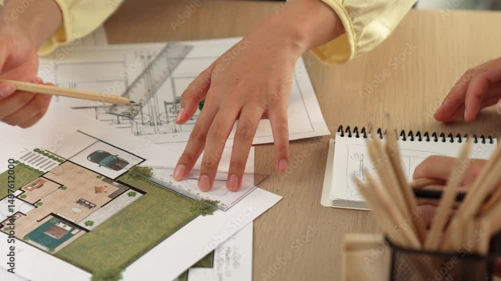 Poster architects using measurement tool and pencil tracing in building blueprint by coworker support on ta