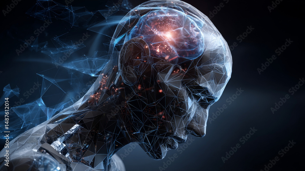 Poster ai - artificial intelligence. ai digital brain. robotics concept. 3d human head and face. illustrati