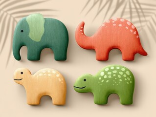 Colorful wooden dinosaur toys arranged creatively with playful designs on a soft neutral background highlighting childhood imagination and fun activities promoting early learning and engagement