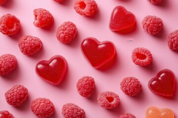 Raspberries and heart shaped gummies on pink background, flat lay. Perfect for illustrating Valentine's Day, love, or healthy treats.