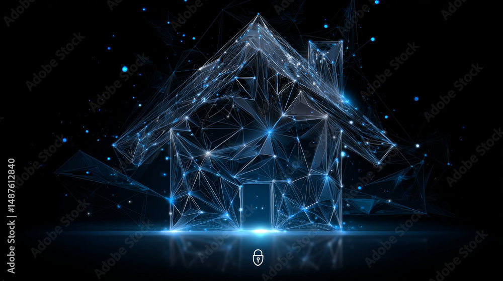 Poster home security icon form lines, triangles and particle style design. illustration vector