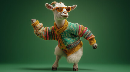 Stylish goat in colorful sweater and sunglasses striking a playful pose on green background in fun artwork