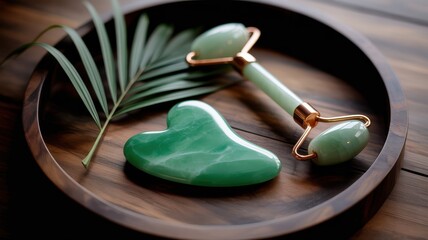 Fototapeta premium Jade heart stones with earrings and copper piece on warm natural backdrop
