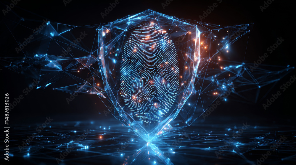 Poster cyber security concept. fingerprint and protection shield from lines, triangles, particle, low poly 
