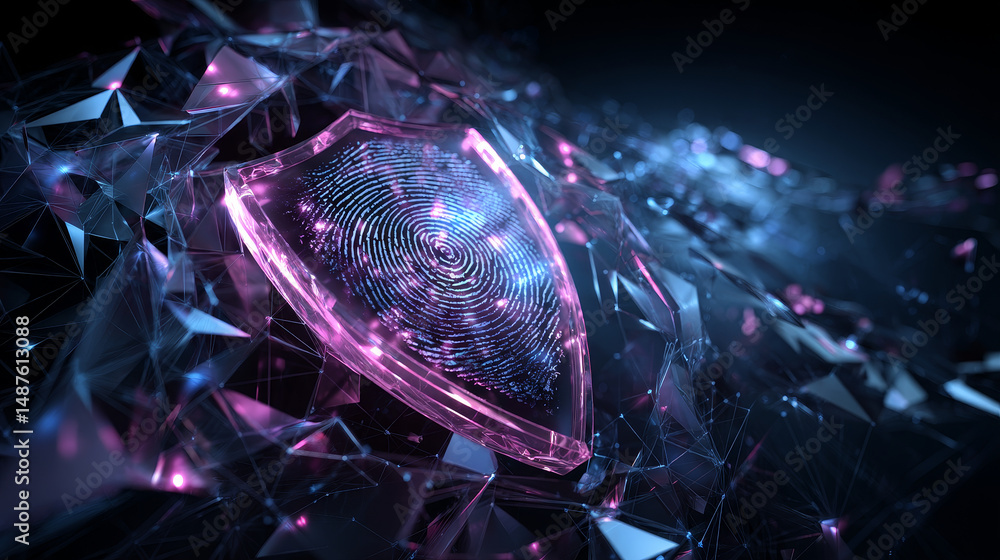 Poster cyber security concept. fingerprint and protection shield from lines, triangles, particle, low poly 